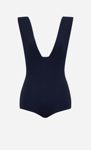 The midnight blue Plunge one-piece swimsuit from front.