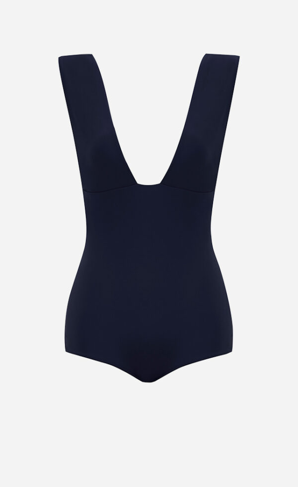 The midnight blue Plunge one-piece swimsuit from front.