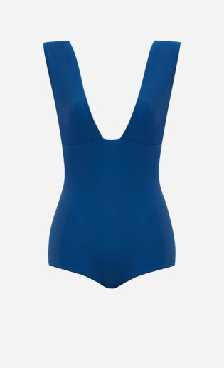 The ocean blue Plunge one-piece swimsuit from front.