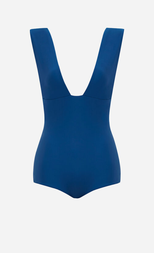 The ocean blue Plunge one-piece swimsuit from front.