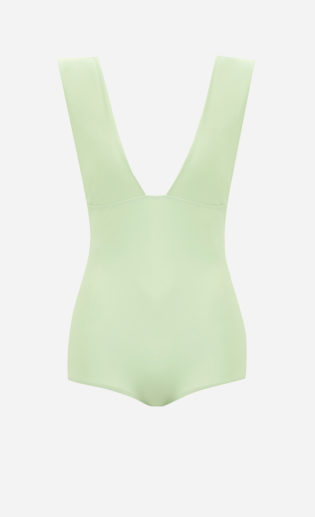 The tender green Plunge one-piece swimsuit from front.