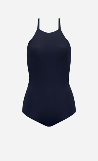 The midnight blue Halter one-piece swimsuit from front.