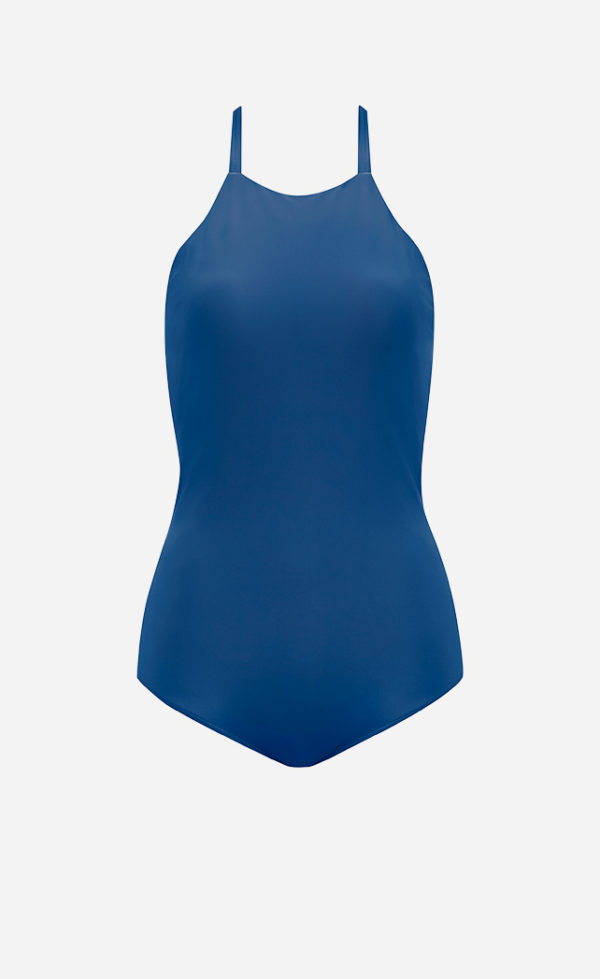 The ocean blue Halter one-piece swimsuit from front.