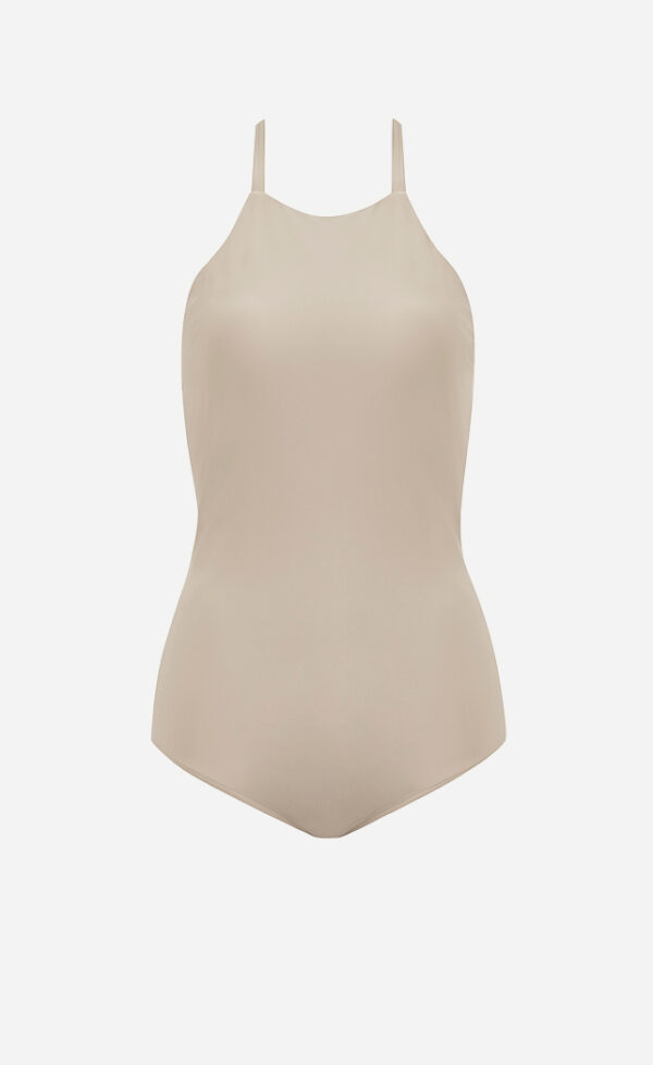 The beige Halter one-piece swimsuit from front.