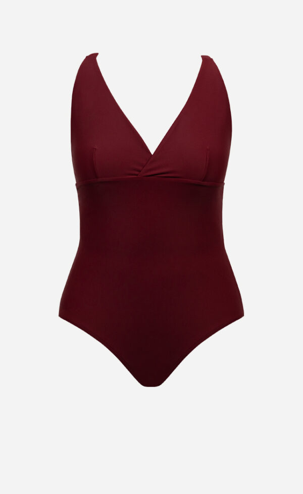 The one wave swimsuit in terra rouge from front.